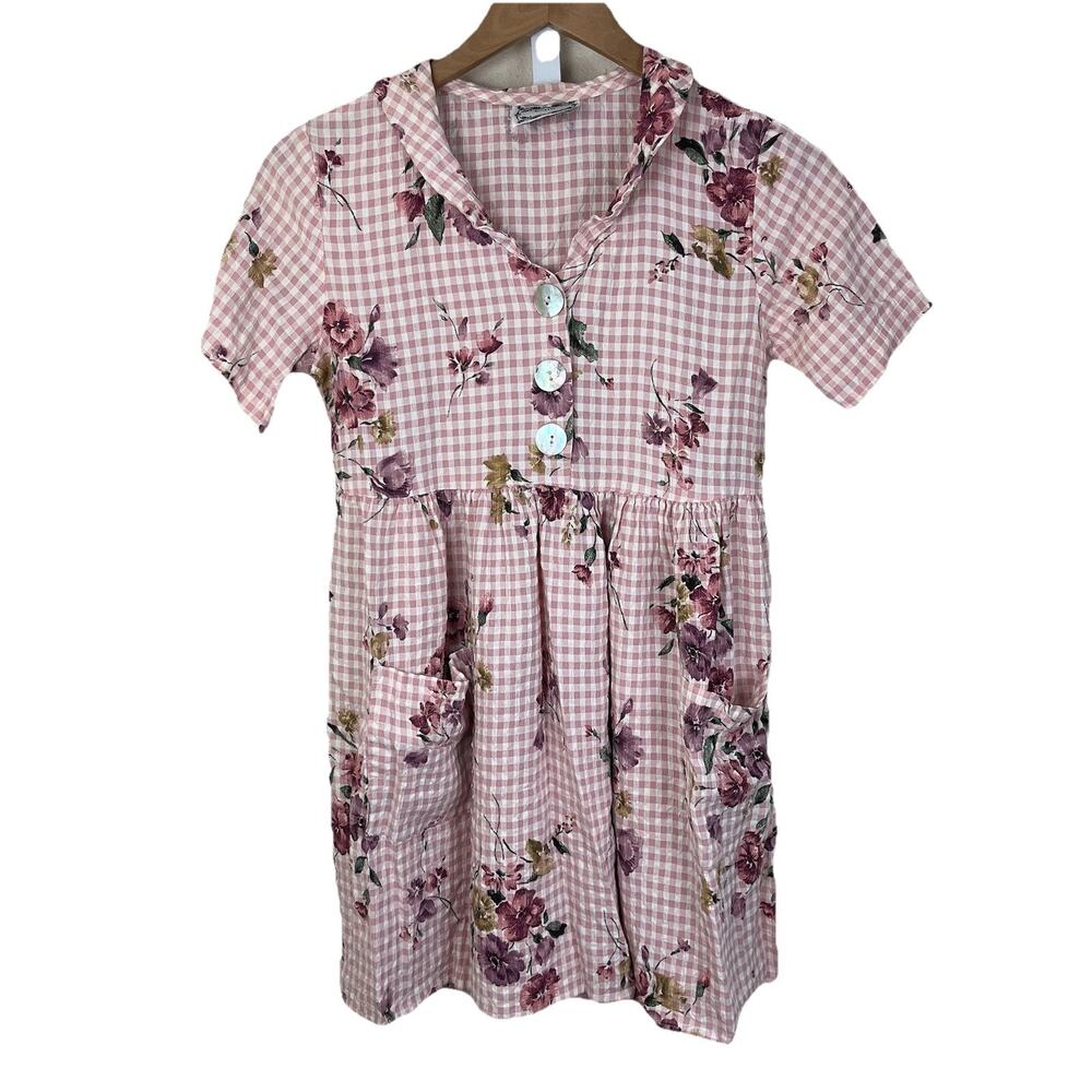 Vintage 90s Dressing Clio Babydoll Mini Dress Womens S Small Pink Plaid Floral